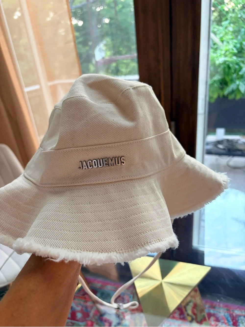 Jacquemus Cream Wide Brim Bucket Hat with Adjustable Chin Cord